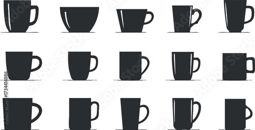 A collection of black silhouette cups and mugs in various shapes and sizes..