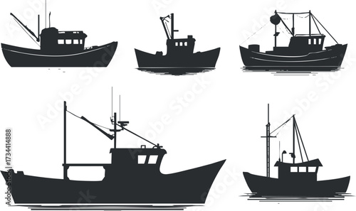 A collection of fishing boat silhouettes showcasing various types and designs for maritime themes..