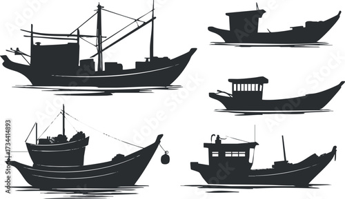 A collection of fishing boat silhouettes in various designs and sizes on the water..