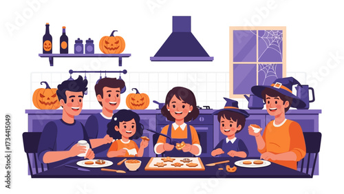 Halloween Family Baking: A close-knit family engages in the joyful activity of baking Halloween cookies together, surrounded by festive decorations and the warmth of togetherness. 