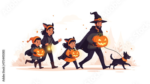 Halloween Family Adventure: A joyful family, adorned in delightful costumes, ventures forth on Halloween night. The family members, each clutching a carved pumpkin, embody the spirit of the holiday.