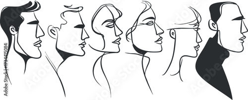 Stylized line art showcasing diverse male and female profiles in a minimalist design..