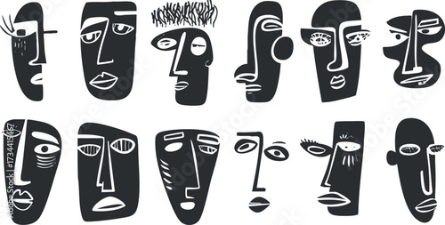 A collection of stylized abstract faces showcasing diverse emotions and expressions in black and white..