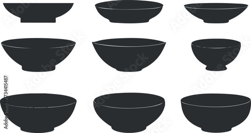 A collection of nine minimalist black bowls in various shapes and sizes for kitchen use..