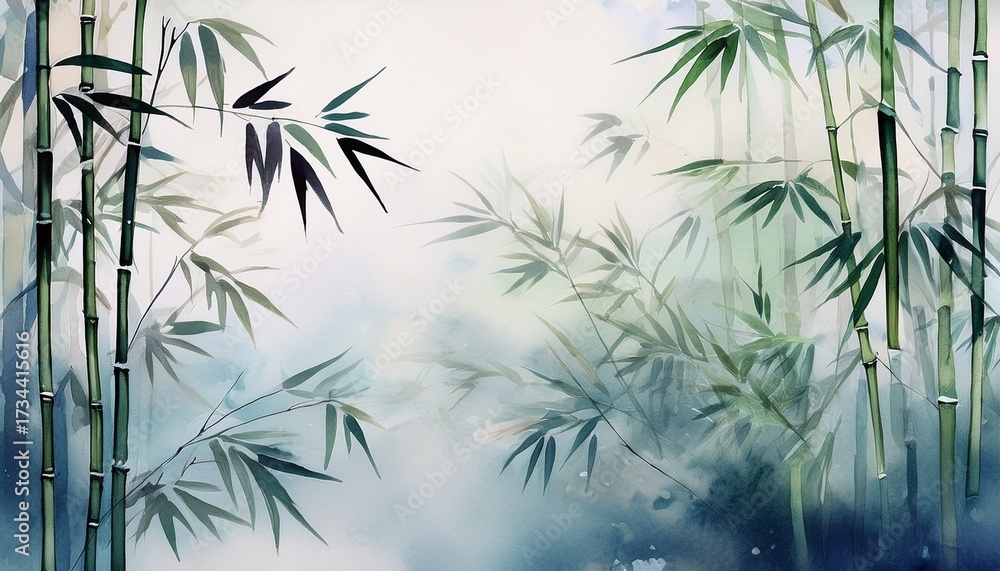 Fototapeta premium abstract watercolor painting of bamboo leaves and branches in a foggy forest traditional chinese painting style with delicate brushstrokes concept of nature peace and tranquility