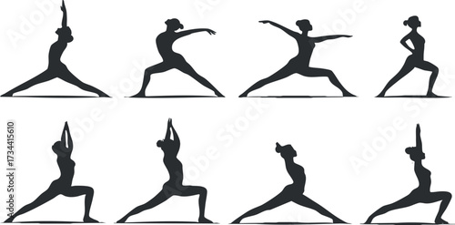 Silhouettes of various yoga poses showcasing flexibility and balance in fitness practice..