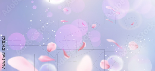 Pink sakura petals floating with spring flower bokeh background and soft blurred sun twinkles for romantic design. Dreamy pastel gradient with white sparkles. Delicate cherry blossom elements.