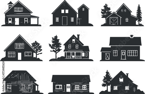 A collection of black and white silhouettes of various house designs and styles..