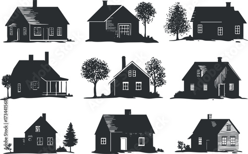 A collection of black silhouette illustrations of different house styles with trees..