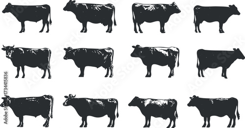 A collection of black silhouette cows arranged in a grid pattern for agricultural design..