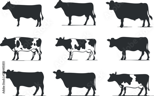 Silhouettes of various cows showcasing different breeds and poses in black and white..