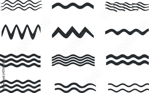 A collection of diverse wave patterns showcasing various styles and designs in black..