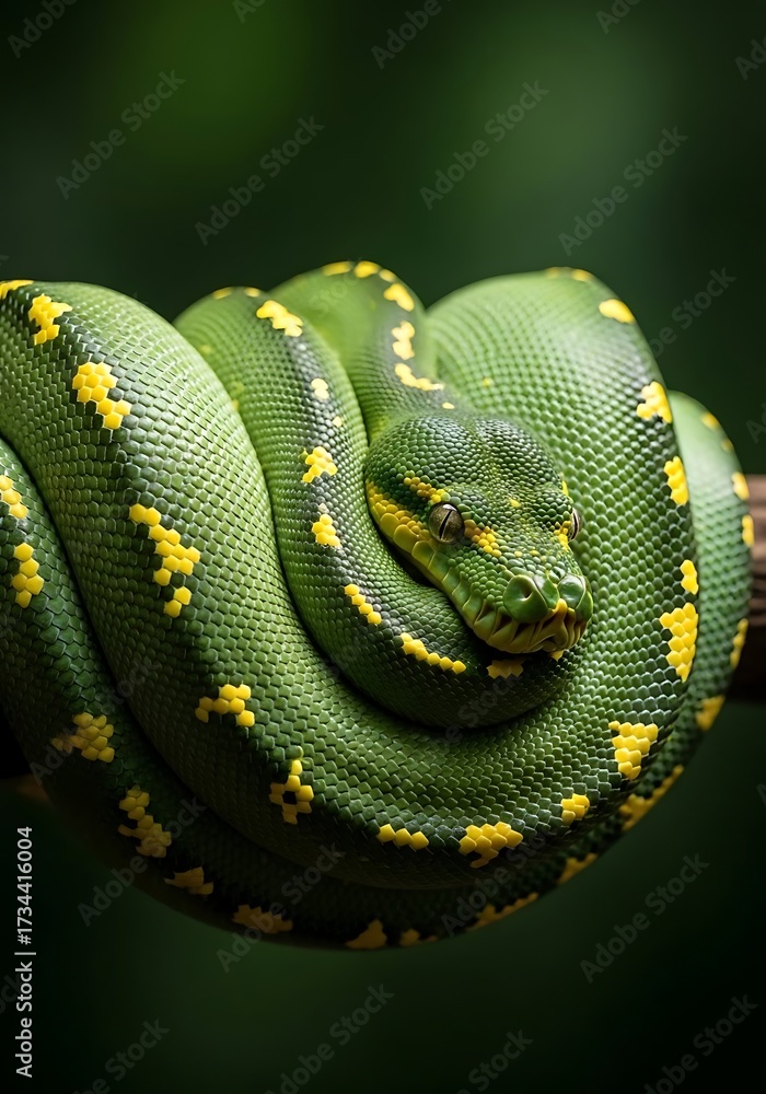 Fototapeta premium Intriguing Green Tree Python: Power and Beauty in Nature, Ideal for Wildlife Education and Conservation Campaigns