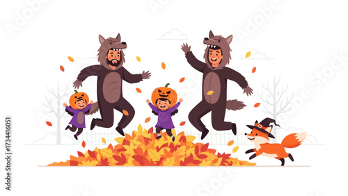 Autumn Family Fun: A joyful family dressed in playful costumes revels in the vibrant colors of autumn, jumping amidst a pile of fallen leaves, while a cute fox with a witch hat joins in the merriment.