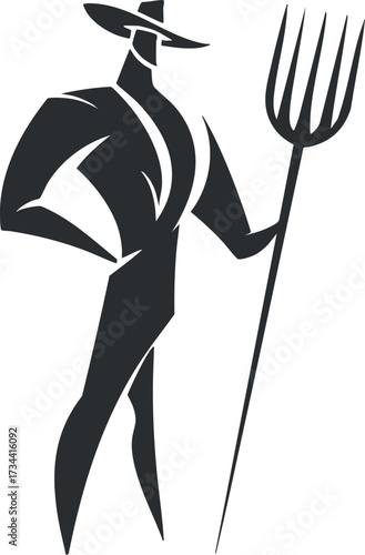 Stylized silhouette of a confident farmer holding a pitchfork in a rural setting..
