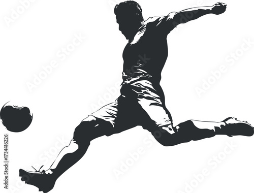Silhouette of a soccer player executing a powerful kick during a match action..