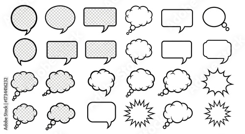 Collection of various speech bubbles and thought bubbles with different shapes and styles.