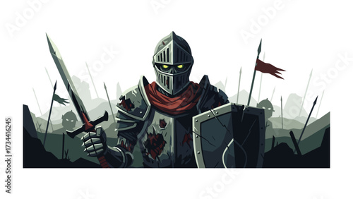 Valiant Knight in Battle: A valiant knight, armored and resolute, stands firm amidst the chaos of battle, a symbol of courage and determination.