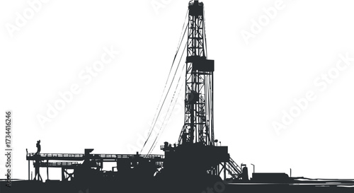Silhouette of an oil drilling rig against a white background showcasing industrial energy extraction..