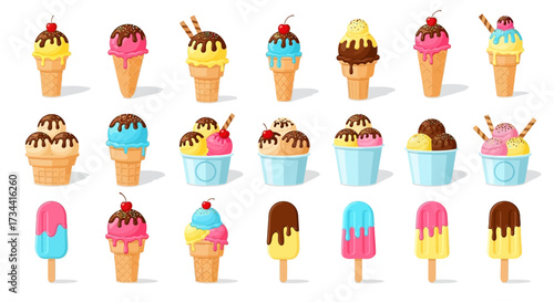 A vibrant collection of assorted ice cream cones, cups, and popsicles in various flavors and toppings, presented against a clean white background.