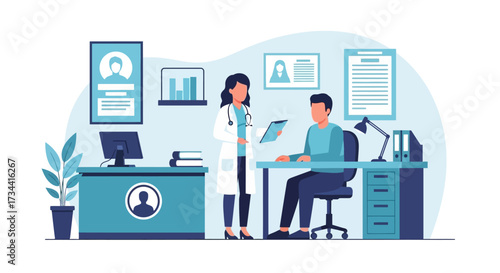 Female doctor consulting with a male patient in a modern medical office, discussing health and treatment plans.