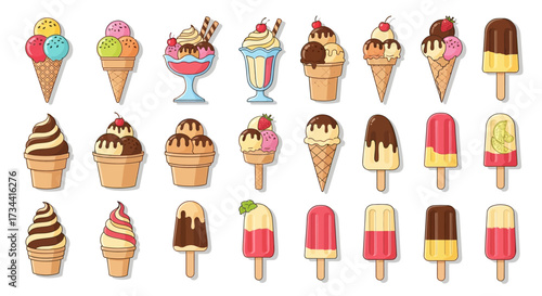 A vibrant collection of various ice cream cones, sundaes, and popsicles, showcasing diverse flavors and toppings.