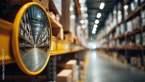 Industrial warehouse safety mirror reflection showing cardboard boxes and storage racks with yellow shelving and equipment in blurred background