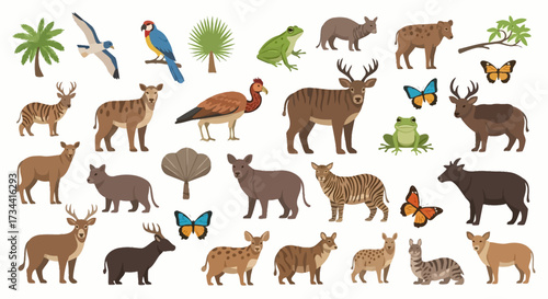 Illustration of diverse wildlife and flora, including deer, birds, and butterflies.
