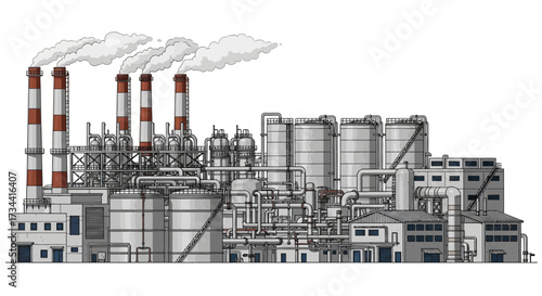 Detailed illustration of a large industrial complex with multiple smokestacks emitting smoke, storage tanks, and various factory buildings.