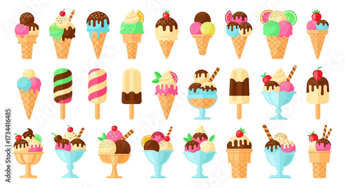 A vibrant collection of various ice cream cones, popsicles, and sundaes, showcasing a delightful assortment of flavors and toppings.