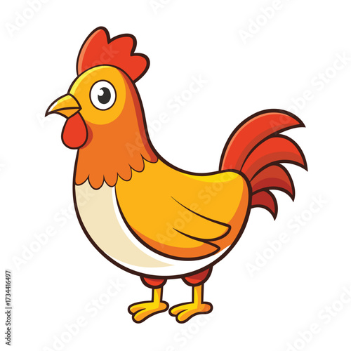 Cartoon chicken with orange and yellow feathers