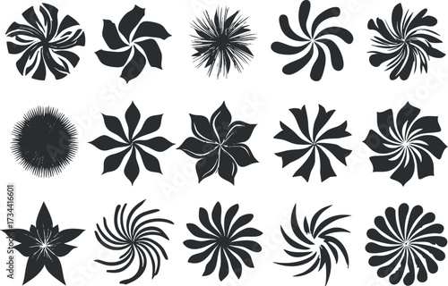 A collection of abstract floral designs featuring various black silhouettes and patterns..