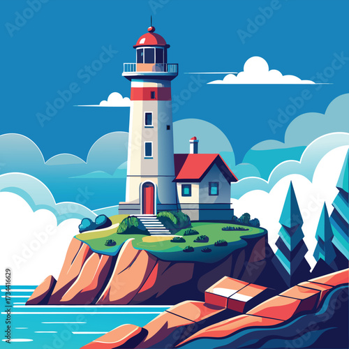Picturesque lighthouse on a rocky cliff by the sea with blue sky