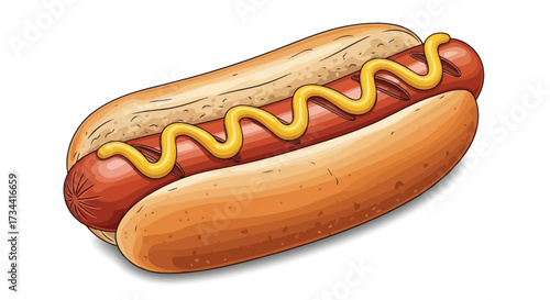 A classic American hot dog with a grilled sausage in a soft bun, topped with a zigzag of yellow mustard, isolated on a white background.
