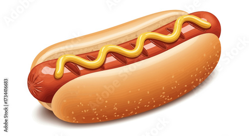 A classic hot dog in a bun topped with a zigzag of yellow mustard, presented on a clean white background.