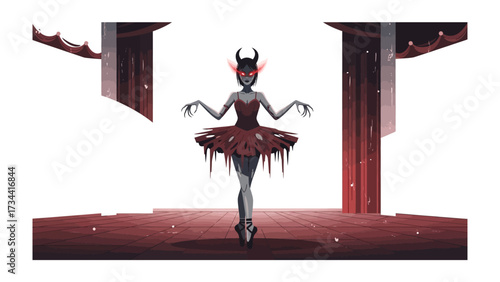 Sinister Ballerina's Dance: A dramatic ballet dancer in an elegant red tutu and haunting horns performs on a stage, casting a shadow of a sinister presence. This artwork conveys a story of darkness.
