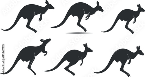 A collection of six stylized kangaroo silhouettes depicting various jumping and running poses..