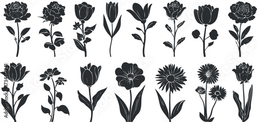 A collection of various floral silhouettes showcasing different types of flowers and plants..