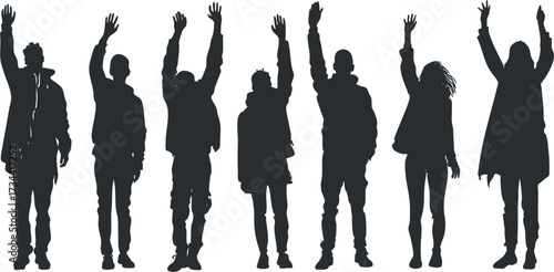 Silhouette of diverse individuals with raised hands symbolizing unity and celebration in a group..