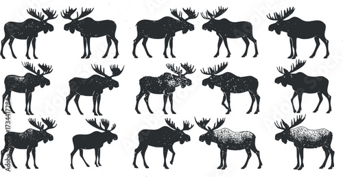 A collection of moose silhouettes in various poses and sizes for creative designs..