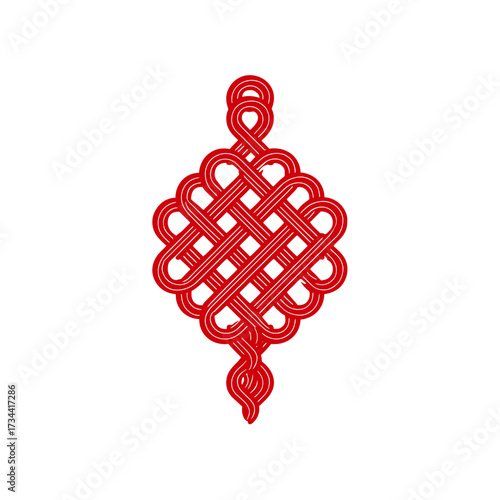 Intricate red knot ornament with complex interwoven pattern on white background