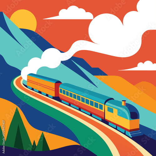 A colorful illustration of a train traveling through a mountainous landscape