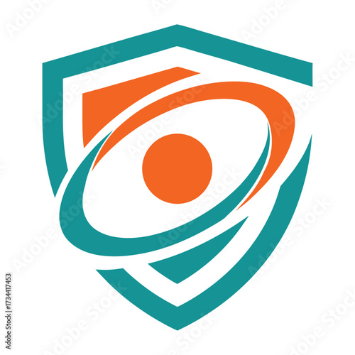 Teal and orange abstract shield with orbiting circle graphic background blue