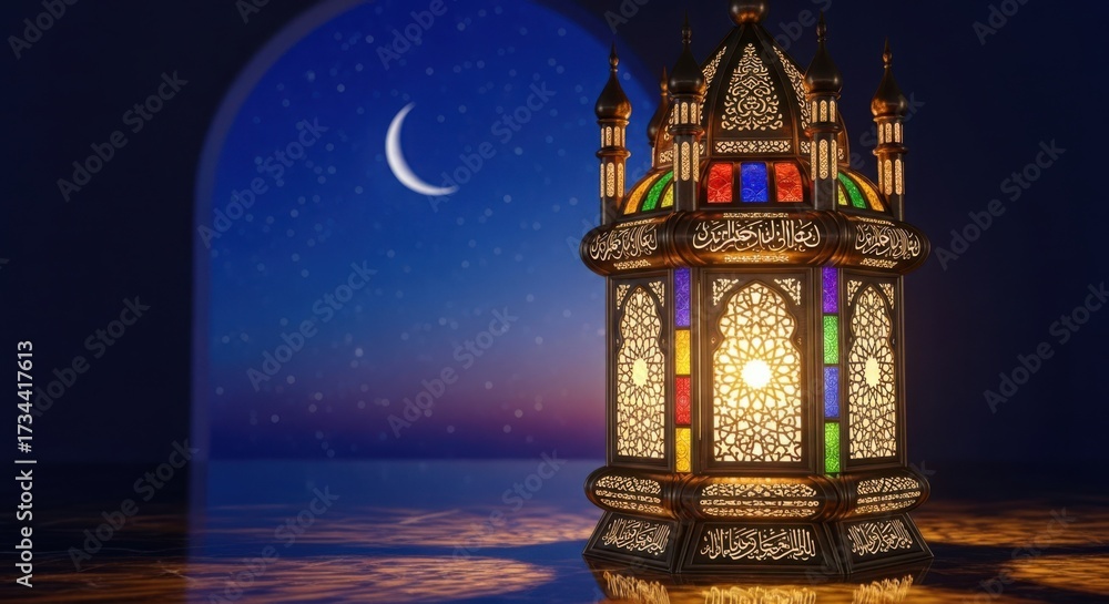 Obraz premium Ornate Arabic Lantern with Crescent Moon and Stars at Night