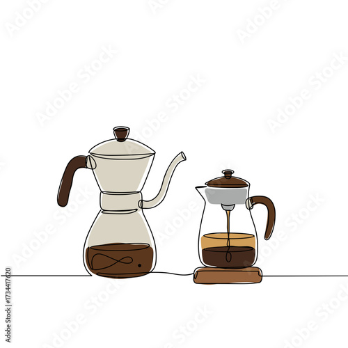 Coffee brewing equipment with kettle and French press on white background  