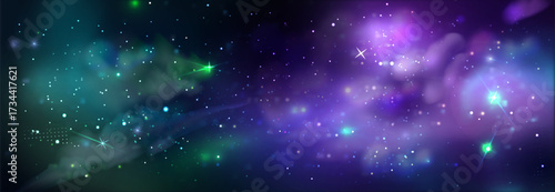 Cosmic space background with planet and nebula clouds for galaxy wallpaper. Purple, green and blue stellar formations with twinkling stars and gas clusters. Deep universe panorama for astronomy