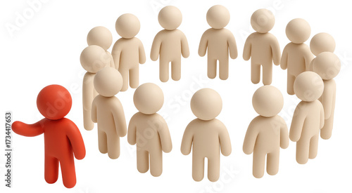 Red clay figure stands out from a group of beige figures clay figures individuality isolated on a transparent background