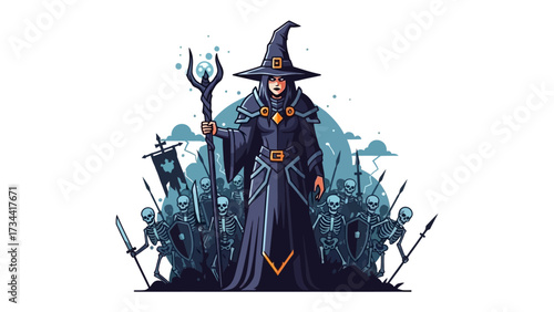 Mystic's Command: An artful depiction of a powerful sorceress, clad in elaborate attire, stands resolute amidst a legion of skeletal warriors, staff in hand.