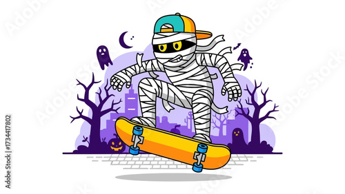 Spooky Skateboarding: A skateboarding mummy shreds through a spooky Halloween night scene, perfectly blending the thrill of a board with the eerie fun of a costumed holiday.