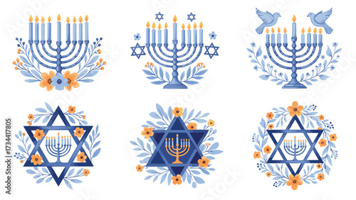 Happy Hanukkah  : Set IconGreeting Card Collection with Hebrew Text and Colorful Illustrations